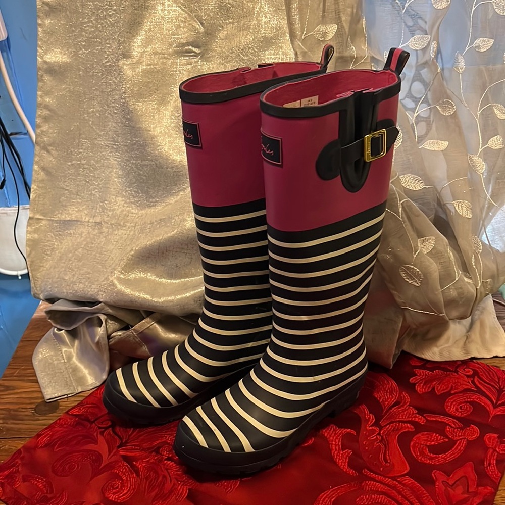 Joules Blue and pink Rubber Striped Rain Boots T-welleyprint wore a few time - Picture 1 of 6
